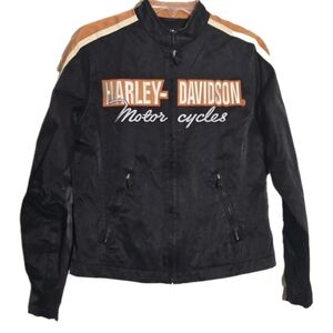Harley Davidson Motorcycle Riding Jacket Black Orange Embroidered Womens Small